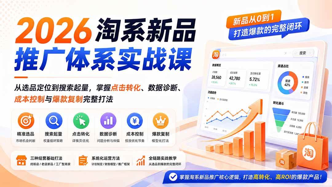 （19908期）2026淘系新品推广体系实战课：从选品定位到搜索起量，掌握点击转化、数据诊断、成本控制与爆款复制完整打法-来友网创