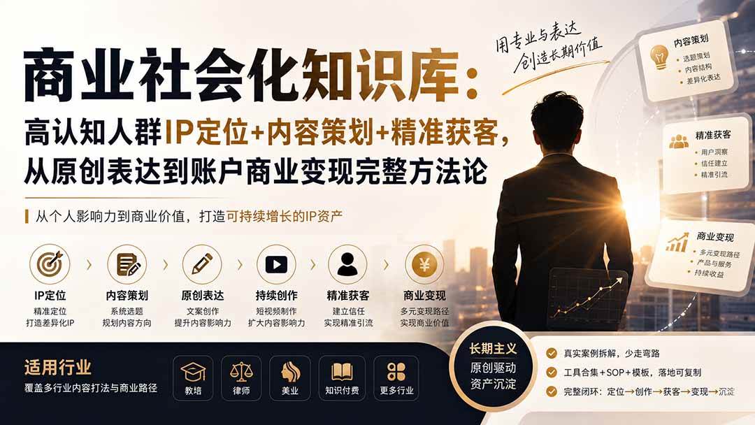 （19733期）商业社会化知识库：高认知人群IP定位+内容策划+精准获客，从原创表达到账户商业变现完整方法论-来友网创
