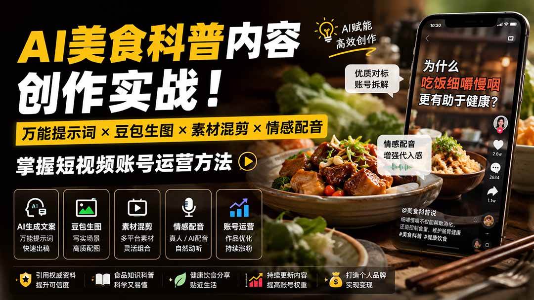 （19730期）外面卖199元-AI美食科普内容创作实战！万能提示词×豆包生图×素材混剪×情感配音，掌握短视频账号运营方法-来友网创