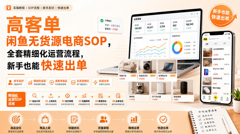 高客单闲鱼无货源电商SOP，全套精细化运营流程，新手也能快速出单-来友网创