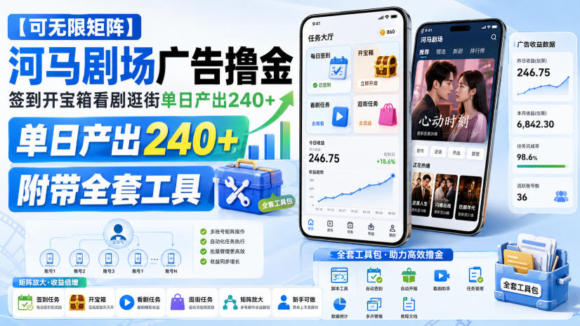 【可无限矩阵】河马剧场广告撸金，签到开宝箱看剧逛街单日产出240+，附带全套工具【揭秘】-来友网创