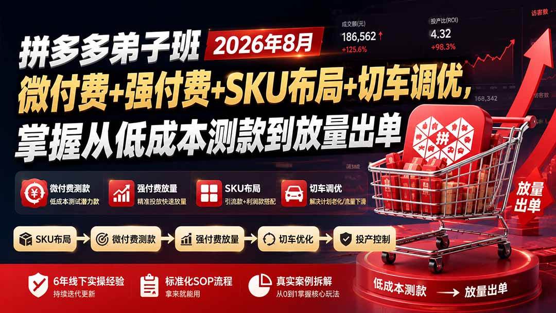 （19746期）拼多多弟子班2026年8月：微付费+强付费+SKU布局+切车调优，掌握从低成本测款到放量出单-来友网创