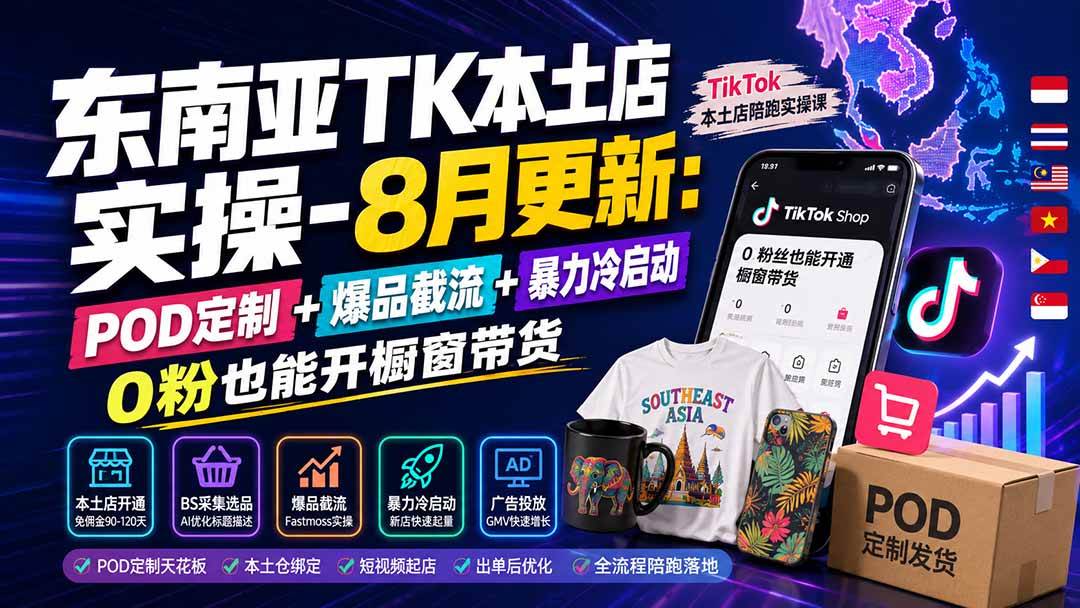 （19963期）东南亚TK本土店实操-8月更新：POD定制+爆品截流+暴力冷启动，0粉也能开橱窗带货-来友网创