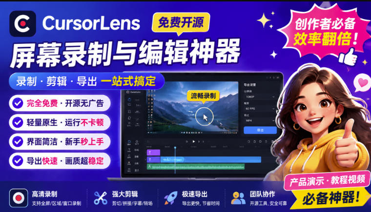 CursorLens免费开源录屏工具，支持自动缩放，教程视频录制必备神器-来友网创
