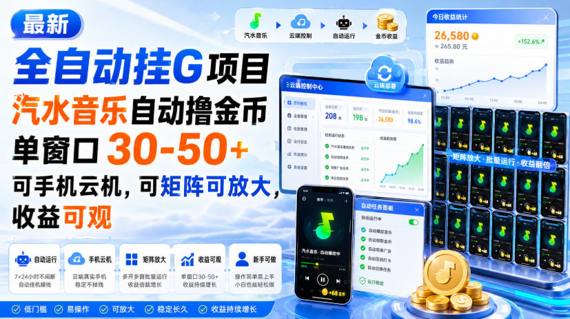 最新全自动挂G项目，汽水音乐自动撸金币单窗口30-50+，可手机云机，可矩阵可放大，收益可观-来友网创