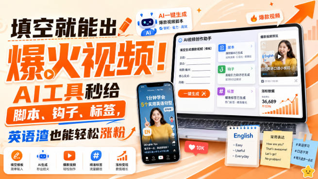 填空就能出爆火视频！AI工具秒给脚本、钩子、标签，英语渣也能轻松涨粉【原创双语字幕】-来友网创