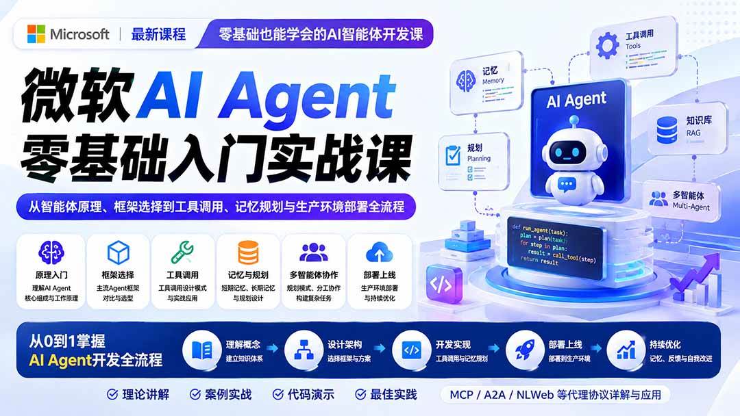 （19977期）微软AI Agent零基础入门实战课：从智能体原理、框架选择到工具调用、记忆规划与生产环境部署全流程-来友网创