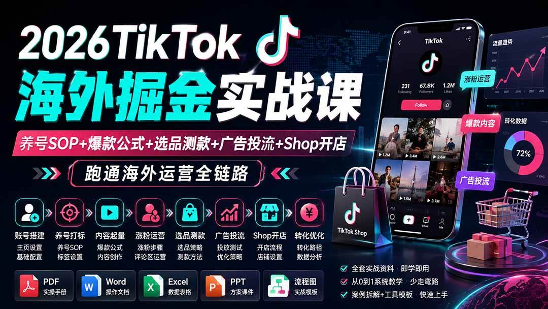 （19973期）2026TikTok海外掘金实战课——养号SOP+爆款公式+选品测款+广告投流+Shop开店，跑通海外运营全链路-来友网创