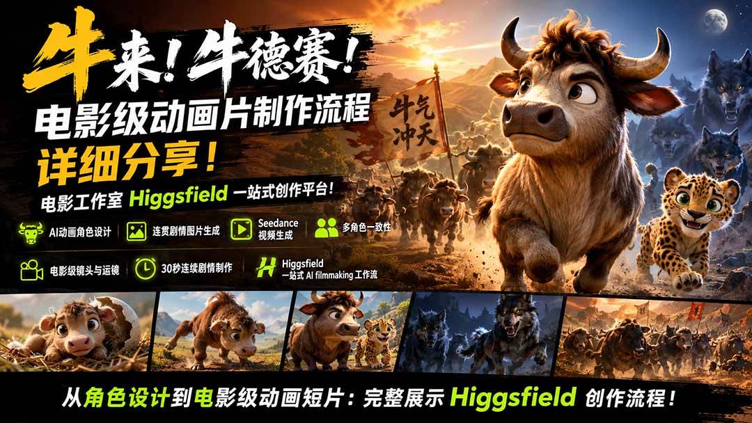 （19987期）牛来！牛德赛！电影级动画片制作流程详细分享！电影工作室Higgsfield一站式创作平台！-来友网创