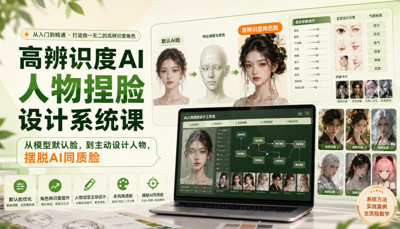 高辨识度AI人物捏脸设计系统课，从模型默认脸，到主动设计人物，摆脱AI同质脸-来友网创