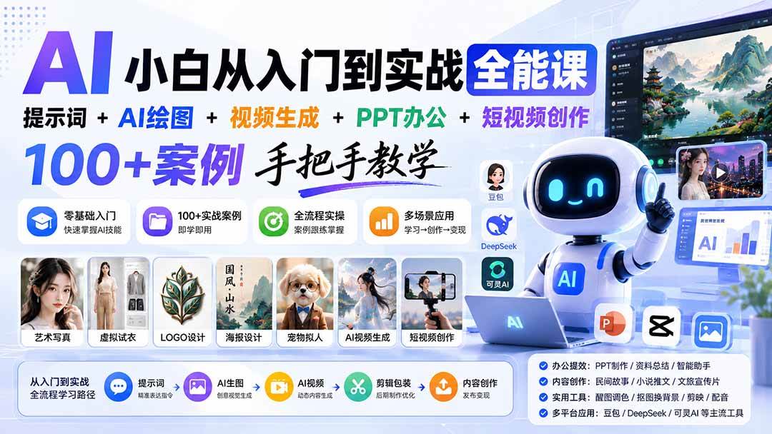 （20018期）AI小白从入门到实战全能课：提示词+AI绘图+视频生成+PPT办公+短视频创作，100+案例手把手教学-来友网创