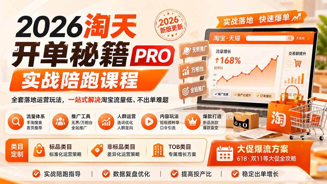 （20029期）2026淘天开单秘籍PRO实战陪跑课程：全套落地运营玩法，一站式解决淘宝流量低、不出单难题（更新260823）-来友网创