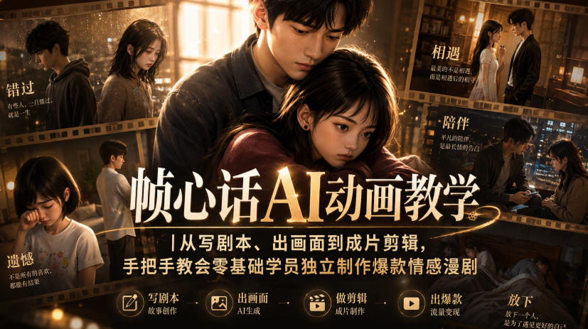 帧心话AI动画教学｜从写剧本、出画面到成片剪辑，手把手教会零基础学员独立制作爆款情感漫剧-来友网创