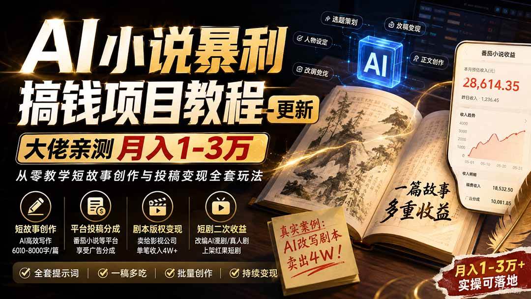 （20044期）AI小说暴利搞钱项目教程-更新，大佬亲测月入1-3万，从零教学短故事创作与投稿变现全套玩法-来友网创