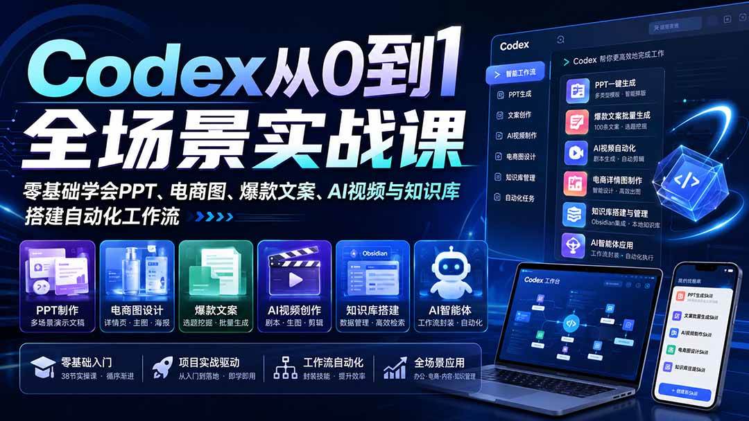 （20041期）Codex从0到1全场景实战课：零基础学会PPT、电商图、爆款文案、AI视频与知识库，搭建自动化工作流-来友网创