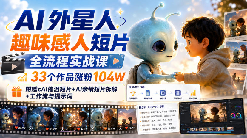 AI外星人趣味感人短片全流程实战课，33个作品涨粉104W，附赠AI催泪短片+AI亲情短片拆解+工作流与提示词-来友网创