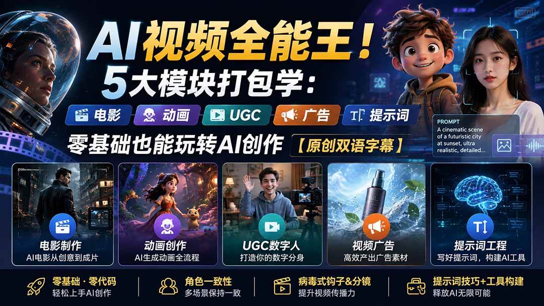（20048期）AI视频全能王！5大模块打包学：电影、动画、UGC、广告、提示词，零基础也能玩转AI创作【原创双语字幕】-来友网创