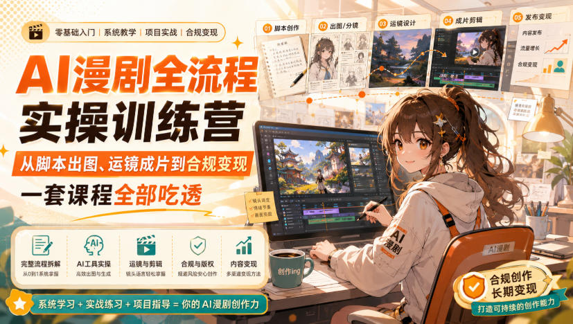 AI漫剧全流程实操训练营，从脚本出图、运镜成片到合规变现，一套课程全部吃透-来友网创