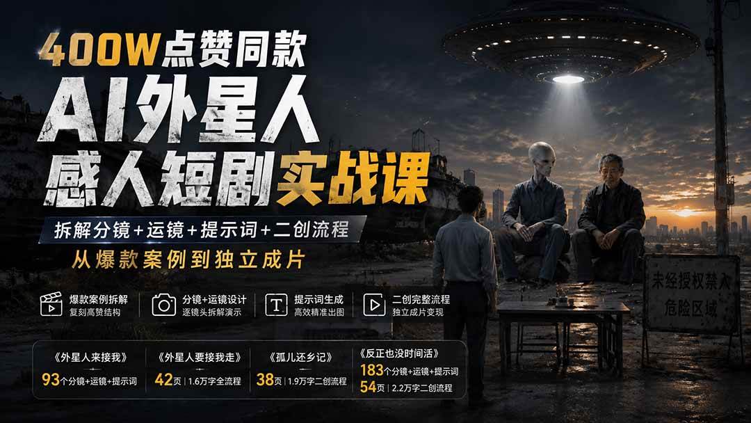（20052期）400W点赞同款AI外星人感人短剧实战课：拆解分镜+运镜+提示词+二创流程，从爆款案例到独立成片-来友网创