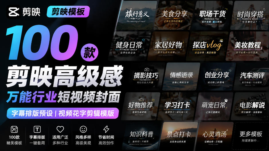 【剪映模板】100款剪映高级感万能行业短视频封面字幕排版预设视频花字剪辑模版-来友网创