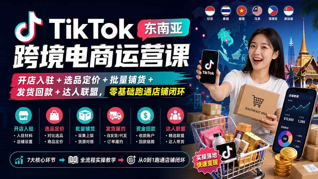 （20059期）TikTok东南亚跨境电商运营课：开店入驻+选品定价+批量铺货+发货回款+达人联盟，零基础跑通店铺闭环-来友网创