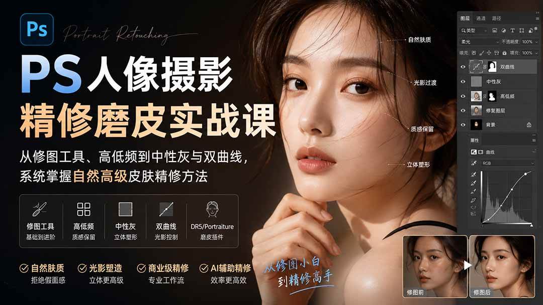 （20061期）PS人像摄影精修磨皮实战课：从修图工具、高低频到中性灰与双曲线，系统掌握自然高级皮肤精修方法-来友网创