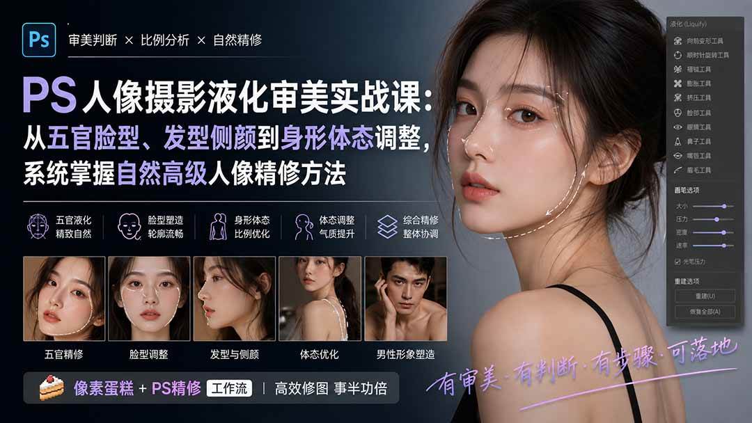 （20062期）PS人像摄影液化审美实战课：从五官脸型、发型侧颜到身形体态调整，系统掌握自然高级人像精修方法-来友网创