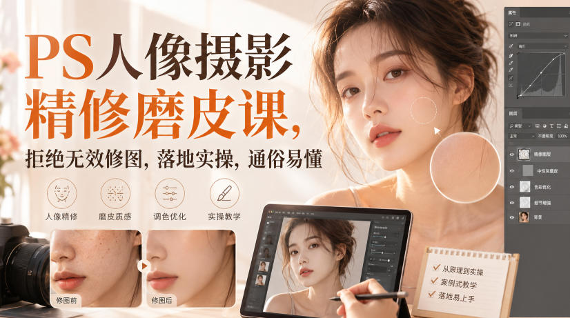 PS人像摄影精修磨皮课，拒绝无效修图，落地实操，通俗易懂-来友网创