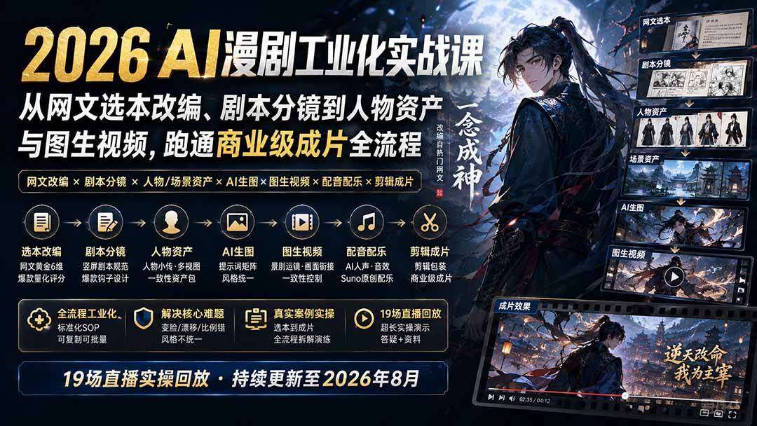 （20068期）2026 AI漫剧工业化实战课-更新：从网文选本改编、剧本分镜到人物资产与图生视频，跑通商业级成片全流程-来友网创