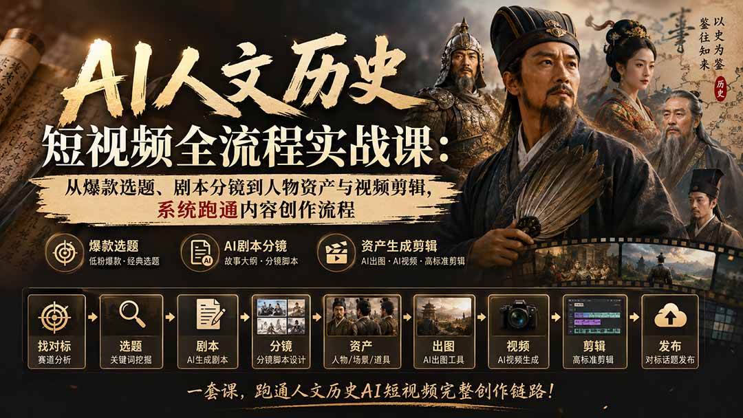 （20074期）AI人文历史短视频全流程实战课：从爆款选题、剧本分镜到人物资产与视频剪辑，系统跑通内容创作流程-来友网创