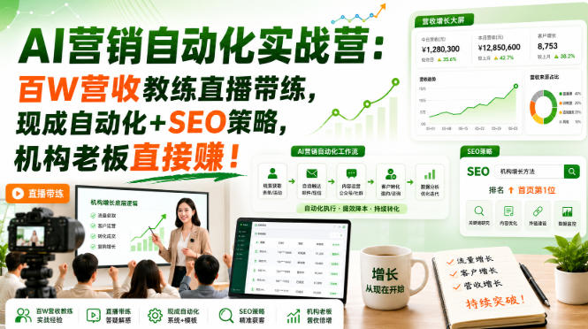 AI营销自动化实战营：百W营收教练直播带练，现成自动化+SEO策略，机构老板直接賺！【原创双语字幕】-来友网创