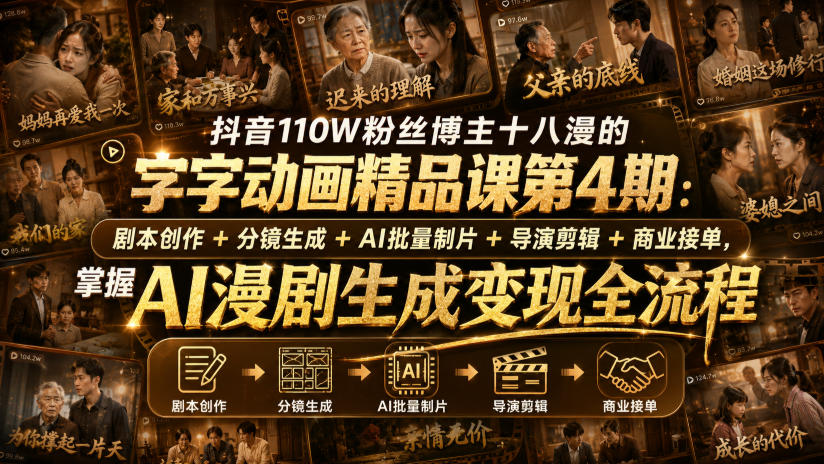 抖音110W粉丝博主十八漫的字字动画精品课第4期：剧本创作+分镜生成+剪辑+商业接单，掌握AI漫剧生成变现全流程-来友网创