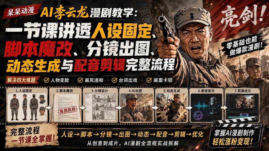 （20107期）呆呆动漫AI李云龙漫剧教学：一节课讲透人设固定、脚本魔改、分镜出图、动态生成与配音剪辑完整流程-来友网创