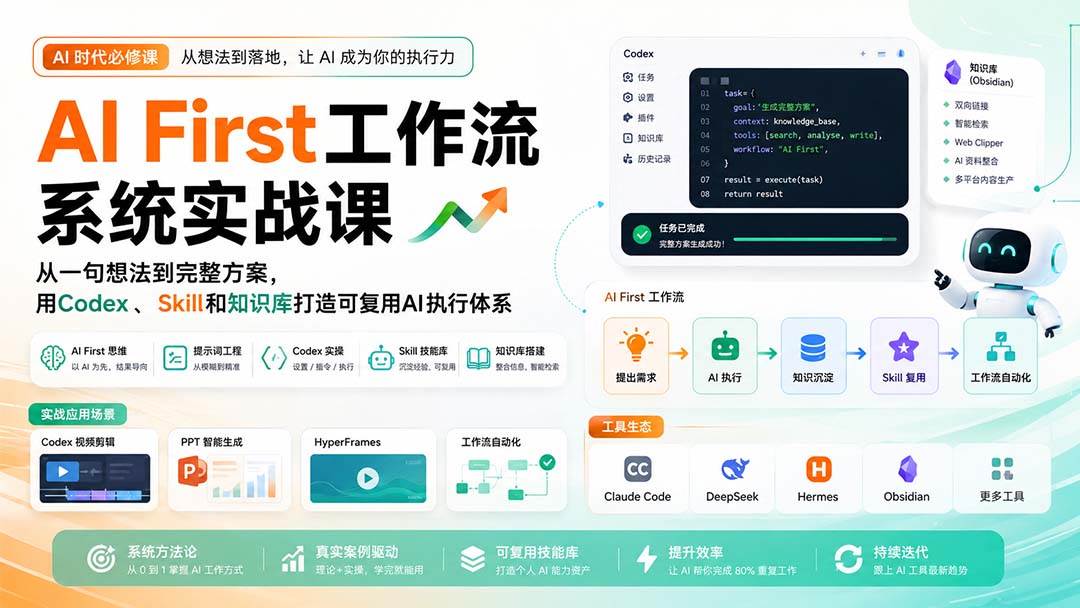 （20104期）AI First工作流系统实战课：从一句想法到完整方案，用Codex、Skill和知识库打造可复用AI执行体系-来友网创