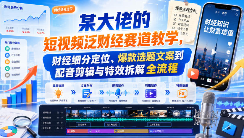 某大佬的短视频泛财经赛道教学，财经细分定位、爆款选题文案到配音剪辑与特效拆解全流程-来友网创