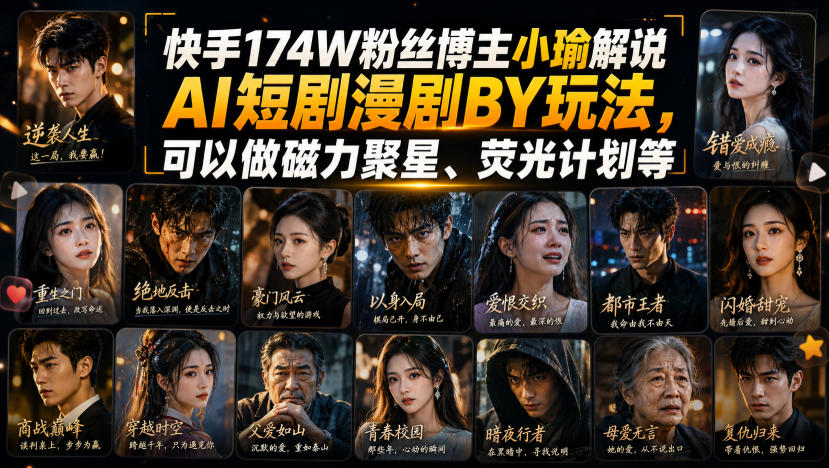 快手174W粉丝博主小瑜解说AI短剧漫剧搬运玩法，可以做磁力聚星、荧光计划等-来友网创