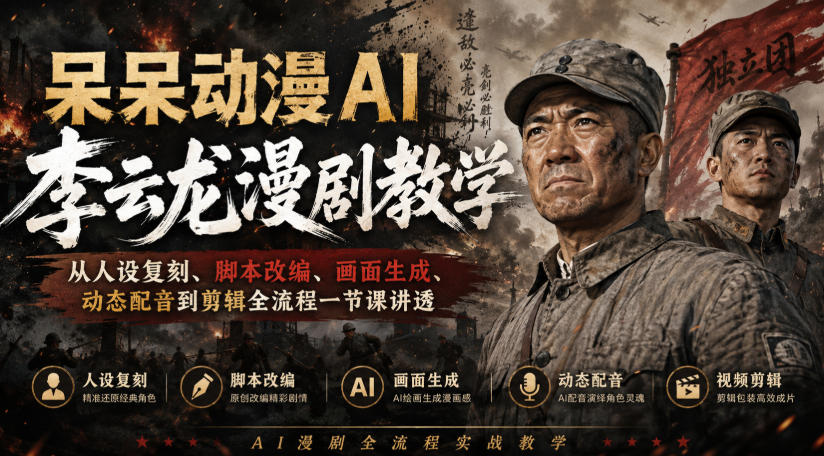 呆呆动漫AI李云龙漫剧教学，从人设复刻、脚本改编、画面生成、动态配音到剪辑全流程一节课讲透-来友网创