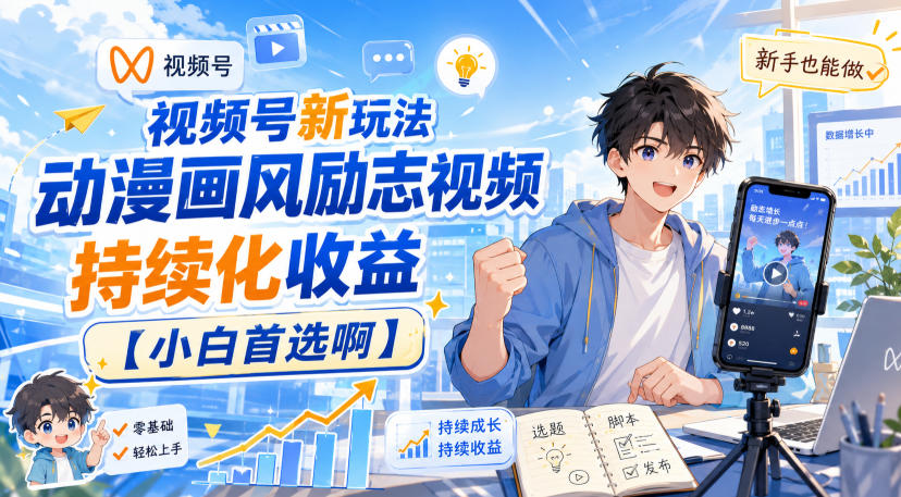 视频号新玩法动漫画风励志视频，持续化收益【小白首选啊】-来友网创