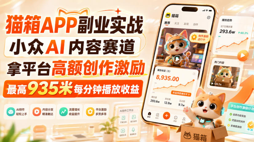 猫箱APP副业实战，小众AI内容赛道，拿平台高额创作激励，最高935米每分钟播放收益-来友网创