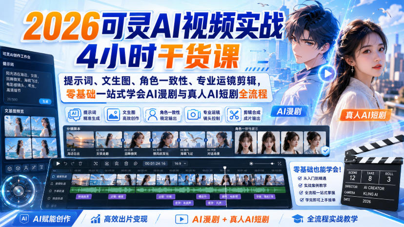 2026可灵AI视频实战4小时干货课｜提示词、文生图、角色一致性、专业运镜剪辑，零基础一站式学会AI漫剧与真人AI短剧全流程-来友网创