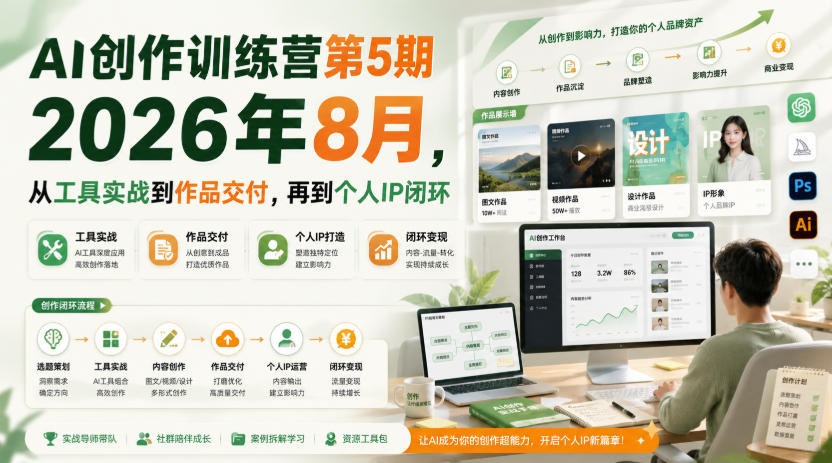 AI创作训练营第5期2026年8月，从工具实战到作品交付，再到个人IP闭环-来友网创