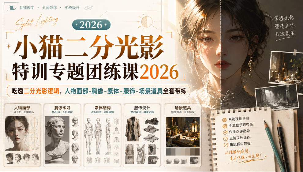 小猫二分光影特训专题团练课2026｜吃透二分光影逻辑，人物面部‑胸像‑素体‑服饰‑场景道具全套带练，高清画质附赠课件与笔刷-来友网创