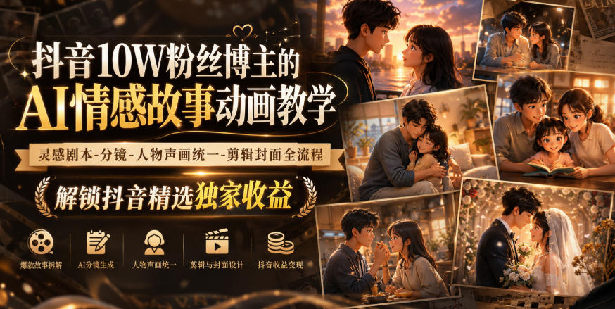 抖音10W粉丝博主的AI情感故事动画教学，灵感剧本‑分镜‑人物声画统一‑剪辑封面全流程，解锁抖音精选独家收益-来友网创