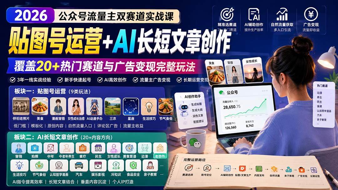 （20153期）公众号流量主双赛道实战课：贴图号运营+AI长短文章创作，覆盖20+热门赛道与广告变现完整玩法-来友网创