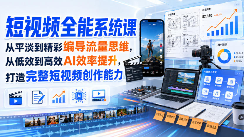 短视频全能系统课，从平淡到精彩编导流量思维，从低效到高效AI效率提升，打造完整短视频创作能力（2026年8月30更新233集）-来友网创