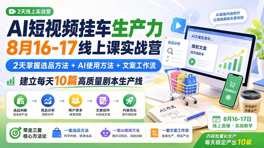 （20174期）AI短视频挂车生产力8月16-17线上课实战营：2天掌握选品方法+AI使用方法+文案工作流，建立每天10篇高质量剧本生产线-来友网创