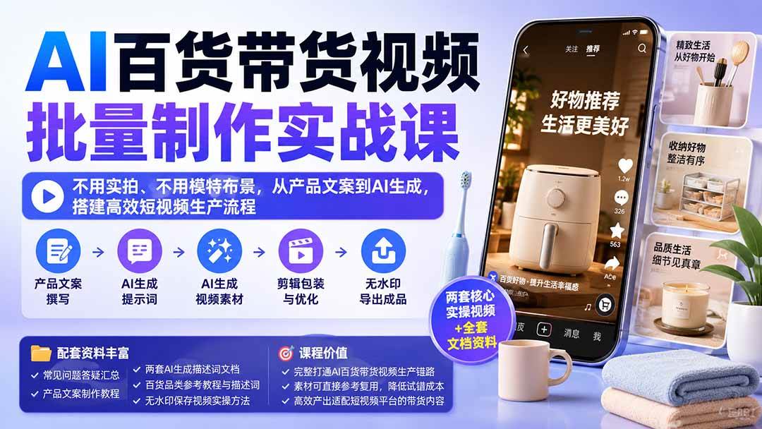 （20179期）AI百货带货视频批量制作实战课：不用实拍、不用模特布景，从产品文案到AI生成，搭建高效短视频生产流程-来友网创