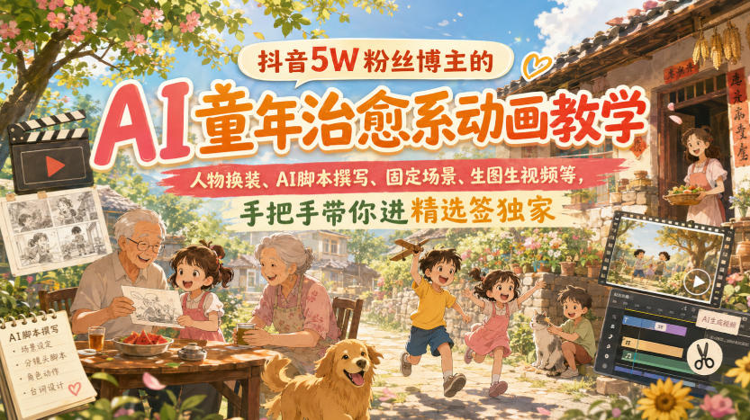 抖音5W粉丝博主的AI童年治愈系动画教学，人物换装、AI脚本撰写、固定场景、生图生视频等，手把手带你进精选签独家-来友网创