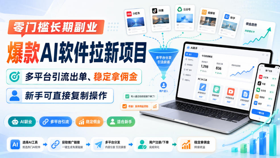 零门槛长期副业，爆款AI软件拉新项目，多平台引流出单、稳定拿佣金，新手可直接复制操作-来友网创