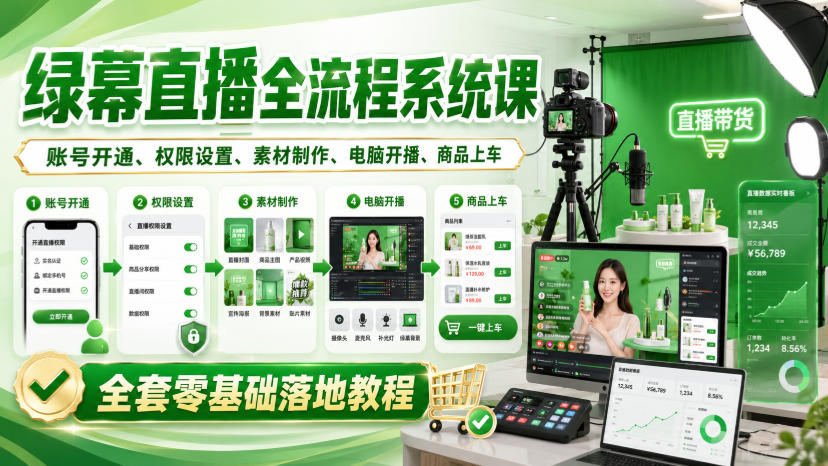 绿幕直播全流程系统课，账号开通、权限设置、素材制作、电脑开播、商品上车全套零基础落地教程-来友网创